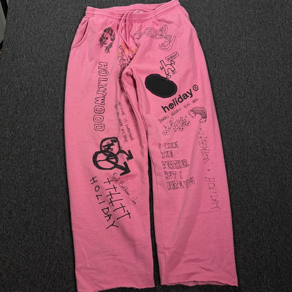 Vintage Y2k Babylon La Holiday Pink Baggy Sketch Graphic Wide Leg Sweatpants L